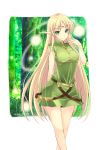  1girl belt blonde_hair deedlit elf forest green_eyes hand_on_own_face highres jewelry long_hair looking_at_viewer nature pointy_ears record_of_lodoss_war sasaki_akane solo very_long_hair 