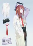  1girl arm_up bangs black_legwear black_shorts brown_hair collared_shirt dress_shirt highres hoshimawa labcoat legwear_under_shorts long_hair long_sleeves looking_at_viewer makise_kurisu necktie pantyhose red_necktie shirt shorts solo steins;gate violet_eyes white_shirt 