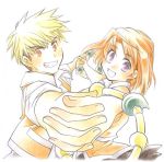  1boy 1girl :d blonde_hair bracelet colored_pencil_(medium) foreshortening grin holding_hands interlocked_fingers jewelry millipen_(medium) mixed_media monimu_(ohits_gohan) my-hime open_mouth orange_eyes orange_hair outstretched_arms short_hair smile spread_arms tate_yuuichi tokiha_mai traditional_media violet_eyes weapon white_background 