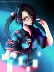  1girl bangs black_hair collared_shirt headphones highres internet_positif ipo-chan lips looking_at_viewer necktie open_mouth red_eyes red_glasses shirt sidelocks solo watermark web_address 