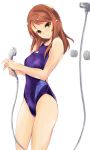  1girl back_opening bangs bare_arms bare_legs bare_shoulders blue_swimsuit brown_hair clothes_writing collarbone competition_swimsuit eyebrows eyebrows_visible_through_hair eyelashes groin head_tilt holding hose houjou_karen idolmaster idolmaster_cinderella_girls lips long_hair one-piece_swimsuit sawa_(sawa-house) shower_head sidelocks simple_background skin_tight smile solo standing swept_bangs swimsuit thighs tsurime white_background yellow_eyes 