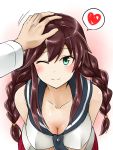  1boy 1girl admiral_(kantai_collection) braid breasts brown_hair cleavage gloves green_eyes hand_on_another&#039;s_head heart highres kamelie kantai_collection long_hair military military_uniform naval_uniform necktie noshiro_(kantai_collection) out_of_frame pleated_skirt school_uniform serafuku skirt twin_braids uniform 