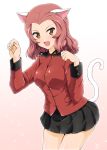  1girl animal_ears brown_eyes cat_ears cat_tail diesel-turbo fang girls_und_panzer military military_uniform paw_pose redhead rosehip short_hair tail uniform 