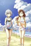  2girls anastasia_(idolmaster) ball beach beachball bikini blue_eyes breasts brown_eyes brown_hair idolmaster idolmaster_cinderella_girls lens_flare long_hair multiple_girls nitta_minami otayama short_hair silver_hair swimsuit 