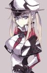 1girl aosaki_yukina black_gloves blonde_hair breasts gloves graf_zeppelin_(kantai_collection) grey_background hat kantai_collection long_hair military_hat necktie simple_background solo twintails violet_eyes 