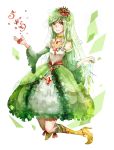  1girl artist_request bare_shoulders boots crown dress green_dress green_hair high_heel_boots high_heels lilligant long_hair looking_at_viewer personification pokemon red_eyes shoes simple_background smile solo wide_sleeves yellow_shoes 