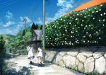  2girls absurdres bag black_hair black_shoes blue_sky buckle building bush cabin dress fence flower from_behind grass highres holding_hands house inami_hatoko loafers multiple_girls original outdoors over_shoulder plant pole ponytail power_lines railing road rooftop running sailor_collar sailor_dress school_bag school_uniform shoes short_hair short_sleeves sky socks street white_dress white_legwear 