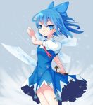  1girl blue_eyes blue_hair bow cirno cowboy_shot crystal_sword dress hair_bow ice ice_wings looking_at_viewer neck_ribbon open_mouth ribbon sansai_(age3joe) scimitar short_hair snow solo sword torn_clothes touhou weapon wind wings 