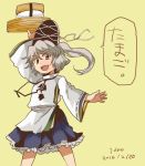  bangs brown_eyes commentary_request dated food hat japanese_clothes kariginu looking_at_viewer miniskirt mononobe_no_futo outstretched_arm ponytail silver_hair skirt tako_(plastic_protein) tate_eboshi touhou translation_request tray wide_sleeves 