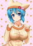  1girl absurdres animal_hat blue_eyes blue_hair blush borrowed_character breasts cat_hat hair_ornament hairclip hat heart highres jewelry large_breasts looking_at_viewer mirisha necklace original ribbed_sweater short_hair smile solo star_necklace sweater upper_body 