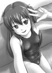  1girl competition_swimsuit couch long_hair monochrome one-piece_swimsuit original self_shot sitting swimsuit tk4 twintails v_over_eye 