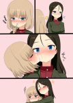  2girls blonde_hair blue_eyes blush brown_hair cheek_kiss eating embarrassed food food_on_face full-face_blush girls_und_panzer hug katyusha kemu_(pixiv463430) kiss long_hair military military_uniform multiple_girls nonna short_hair smile tears uniform 