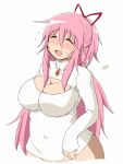  1girl alternate_costume alternate_hairstyle blush bow breasts casual cleavage cleavage_cutout closed_eyes kaname_madoka large_breasts long_hair mahou_shoujo_madoka_magica oman_(evld) open-chest_sweater open_mouth pink_hair ponytail ribbed_sweater ribbon smile solo sweater turtleneck twintails 