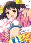  1girl black_hair blush brown_eyes cheerleader idolmaster idolmaster_cinderella_girls long_hair midriff nakano_yuka nasunoko open_mouth pom_poms smile solo twintails 