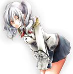  1girl bent_over book buttons epaulettes gloves hinoru_saikusa holding holding_book jacket kantai_collection kashima_(kantai_collection) kerchief looking_at_viewer pleated_skirt sidelocks silver_hair skirt smile solo traditional_media tsurime twintails uniform watercolor_(medium) wavy_hair 