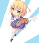 1girl ascot blonde_hair blouse foreshortening from_above full_body green_eyes looking_at_viewer mizuhashi_parsee outstretched_arms pointy_ears sansai_(age3joe) shoes short_hair skirt smile socks solo standing touhou vest wristband 