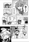  &gt;_&lt; 4girls akatsuki_(kantai_collection) anchor_symbol chibi closed_eyes comic commentary_request fang flat_cap folded_ponytail hair_ornament hairclip hat hibiki_(kantai_collection) highres himegi ikazuchi_(kantai_collection) inazuma_(kantai_collection) kantai_collection long_hair monochrome multiple_girls open_mouth school_uniform serafuku short_hair solid_circle_eyes sweatdrop translation_request triangle_mouth 