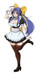  1girl ;d antenna_hair apron arm_up blazblue blazblue_remix_heart blue_hair blush bow breasts cleavage drawfag genderswap hair_bow hand_in_hair heart highres large_breasts long_hair looking_at_viewer mai_natsume maid maid_apron one_eye_closed one_leg_raised open_mouth ponytail red_eyes ribbon shoes short_sleeves smile solo standing_on_one_leg thigh-highs transparent_background very_long_hair wrist_cuffs zettai_ryouiki 