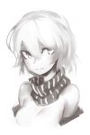  1girl ahoge bare_shoulders blush breasts cleavage clothes_down deel_(rkeg) fangs highres hood hoodie hoodie_removed kantai_collection looking_at_viewer monochrome open_clothes re-class_battleship scarf shinkaisei-kan short_hair upper_body white_eyes white_hair white_skin 