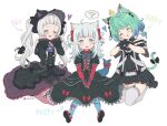  3girls animal_ears blue_eyes blush cat_ears cat_tail closed_eyes commentary_request gawr_gura gothic_lolita green_hair hololive hololive_english lolita_fashion long_hair looking_at_viewer medium_hair multiple_girls murasaki_shion open_mouth short_hair silver_hair simple_background sitting tail teeth thigh-highs twintails twitter_username uruha_rushia vinhnyu virtual_youtuber white_background 