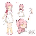  1girl alternate_hairstyle apron blush bow breasts casual ear_studs earrings flying_sweatdrops hairband heterochromia jewelry kaname_madoka long_hair looking_at_viewer mahou_shoujo_madoka_magica oman_(evld) pink_eyes pink_hair ponytail ribbon short_twintails solo twintails yellow_eyes 