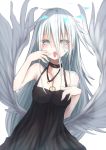  1girl bare_shoulders black_dress blue_eyes blush choker dress finger_to_mouth hair_between_eyes hanetsuki_touka highres jewelry long_hair looking_at_viewer low_wings necklace open_mouth original saliva silver_hair solo tongue tongue_out very_long_hair wings 