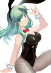  1girl animal_ears blue_eyes blush breasts bulma detached_collar dragon_ball dragon_ball_(classic) green_hair highres long_hair looking_at_viewer medium_breasts mintyhoshii playboy_bunny rabbit_ears ribbon simple_background sitting sleeve_cuffs smile solo white_background 