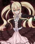  1girl aru_gunsou black_dress blonde_hair character_request dress fairy_tail frilled_dress frills gothic_lolita green_eyes layered_dress lolita_fashion long_hair long_sleeves looking_at_viewer mavis_vermilion outstretched_arm sash scrunchie solo twintails very_long_hair white_dress 
