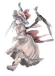  bat_wings blue_hair bow dress from_side hat hat_bow hisona_(suaritesumi) jumping mob_cap red_eyes remilia_scarlet shoes short_hair touhou traditional_media watercolor_(medium) wings wrist_cuffs 