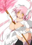  1girl between_breasts bow bow_(weapon) breasts choker cleavage dress gloves goddess_madoka hair_bow kaname_madoka large_breasts long_hair looking_at_viewer mahou_shoujo_madoka_magica oman_(evld) open_mouth pink_hair pink_legwear solo spoilers two_side_up weapon white_gloves 