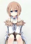  1girl absurdres bare_shoulders blanc blancpig_yryr blue_eyes blush brown_hair fur_trim highres looking_at_viewer neptune_(series) short_hair sitting solo 