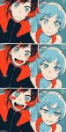  2girls :d :| angry black_hair hood jewelry long_hair multiple_girls necklace open_mouth ruby_rose rwby short_hair side_ponytail smile sparkle surprised wavy_mouth weiss_schnee yukataro 