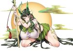  1girl breasts breath cation covered_nipples green_eyes green_hair huge_breasts kneeling long_hair looking_at_viewer puffy_sleeves puzzle_&amp;_dragons smile solo sword thick_thighs thighs very_long_hair weapon 