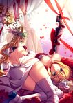  2girls aestus_estus ahoge blonde_hair breasts breasts_apart dual_persona fate/extra fate/extra_ccc fate/grand_order fate_(series) flower green_eyes highres jh multiple_girls rose saber_bride saber_extra short_hair veil 