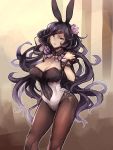  1girl animal_ears black_hair black_legwear breasts bunnysuit cleavage detached_collar flower granblue_fantasy hair_flower hair_ornament large_breasts leotard long_hair oshiruko_(tsume) pantyhose parted_lips rabbit_ears rosamia_(granblue_fantasy) solo wrist_cuffs yellow_eyes 