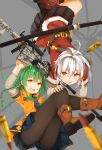  2girls ahoge and_dokari belt black_legwear black_skirt blue_skirt boots braid brown_boots bullet green_hair grey_background gun hair_ornament hair_ribbon hairclip hand_on_another&#039;s_knee highres holding_gun holding_weapon katana knee_boots long_hair multiple_girls open_mouth orange_eyes original pantyhose pleated_skirt red_boots red_eyes ribbon rifle sheath short_hair short_sleeves silver_hair single_braid skirt sword teeth unsheathing weapon 