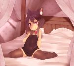  1girl absurdres animal_ears arm_support bare_shoulders bed black_legwear brown_hair cat_ears choker covered_navel curtains dress flat_chest highres leaning_back original red_eyes short_dress short_hair sitting solo spread_legs strapless strapless_dress thigh-highs zettai_ryouiki 
