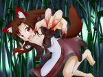  1girl animal_ears bamboo bamboo_forest barefoot breasts brooch brown_hair cleavage collarbone dress fang fingernails forest imaizumi_kagerou jewelry kitsunetsu_(rcu_be1s) long_fingernails long_sleeves looking_at_viewer nail_polish nature open_mouth red_eyes red_nails solo tail touhou wide_sleeves wolf_ears wolf_tail 