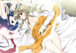  2girls blonde_hair blue_hair bottomless brown_hair clothes_removed collarbone fujino_shizuru hair_grab jacket knees_touching kuga_natsuki light_rays light_smile long_hair long_sleeves looking_at_another lying multiple_girls my-hime nude on_bed open_clothes red_eyes shirt sunlight takano_saku thigh_gap topless upside-down white_shirt yuri 