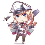 1girl airplane anchor_choker belt belt_pouch between_fingers black_gloves black_legwear blonde_hair blue_eyes blue_skirt blush cannon card choker closed_mouth collared_shirt covered_navel flying full_body gloves graf_zeppelin_(kantai_collection) gun hair_between_eyes hat holding holding_card holding_gun holding_weapon ido_(teketeke) kantai_collection leg_up long_hair long_sleeves looking_at_viewer machinery military military_uniform motion_blur pantyhose peaked_cap pleated_skirt pocket propeller shirt sidelocks skirt smile solo standing_on_one_leg tsurime turret twintails uniform visible_ears weapon white_hat white_shirt 