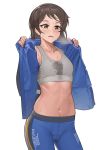  1girl absurdres ameyame blush brown_eyes brown_hair dripping highres idolmaster idolmaster_million_live! kitazawa_shiho long_hair solo sports_bra sweat sweat_stain sweating 