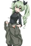  1girl anchovy black_ribbon drill_hair girls_und_panzer grey_eyes hair_ribbon highres long_hair looking_at_viewer ribbon simple_background solo twin_drills violet_eyes whip white_background yamamoto_souichirou 