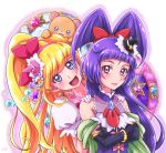  2girls :d asahina_mirai bear black_gloves black_hat blonde_hair bow cape chocokin creature crossed_arms cure_magical cure_miracle elbow_gloves gem gloves hair_bow half_updo hand_on_another&#039;s_shoulder hat izayoi_liko long_hair looking_at_viewer magical_girl mahou_girls_precure! mini_hat mini_witch_hat mofurun_(mahou_girls_precure!) multiple_girls open_mouth pink_bow pink_hat ponytail precure puffy_sleeves purple_hair red_bow smile upper_body violet_eyes witch_hat 