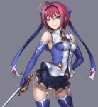  1girl bare_shoulders blue_eyes blue_gloves blue_legwear breasts elbow_gloves garter_straps gloves grey_background hand_on_hip holding_sword holding_weapon katagiri_(a1466502) looking_at_viewer original purple_hair rapier short_hair sitting smile solo sword thigh-highs weapon 