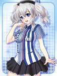  1girl blue_eyes employee_uniform hat impossible_clothes kantai_collection kashima_(kantai_collection) lawson long_hair silver_hair standing twintails uniform watakinu 