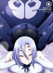  1girl arachne carapace claws cover detached_sleeves dvd_cover extra_eyes highres insect_girl lavender_hair monster_girl monster_musume_no_iru_nichijou multiple_legs official_art rachnera_arachnera red_eyes smile solo spider_girl 