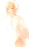 1girl :d bare_shoulders blonde_hair coat cowboy_shot flower_wreath hand_on_leg head_wreath long_hair long_sleeves looking_at_viewer lp_(hamasa00) off_shoulder open_mouth original red_eyes see-through simple_background smile solo standing thighs white_background white_coat 