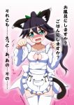 1girl alternate_costume animal_ears apron aqua_eyes black_hair blush breasts cat_cutout cat_ears cat_tail cleavage commentary_request hair_ribbon highres houshou_(kantai_collection) kantai_collection kemonomimi_mode long_hair looking_at_viewer p.a.w paw_pose ponytail ribbon solo sweat tail thigh-highs translation_request trembling wavy_mouth white_legwear zettai_ryouiki 