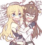  2girls ahoge bags_under_eyes bare_shoulders blonde_hair blue_eyes blush brown_hair english fingerless_gloves gloves heart heart_in_mouth highres hug iowa_(kantai_collection) kantai_collection kongou_(kantai_collection) kvlen long_hair multiple_girls open_mouth profanity star star-shaped_pupils sweat symbol-shaped_pupils 
