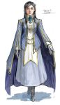  1girl alternate_hair_color black_hair blue_dress boots cape dress full_body gloves grey_dress maya_sawamura_anderson my-otome natsuki_kruger realistic signature solo walking white_background white_gloves 